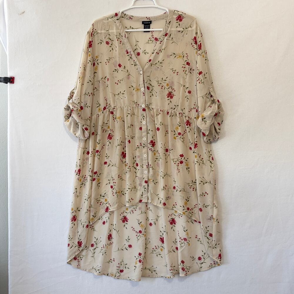Torrid Lexie Babydoll Hi-Low Tunic Top Womens 3X Cream Semi-Sheer Chiffon Floral - Picture 3 of 11